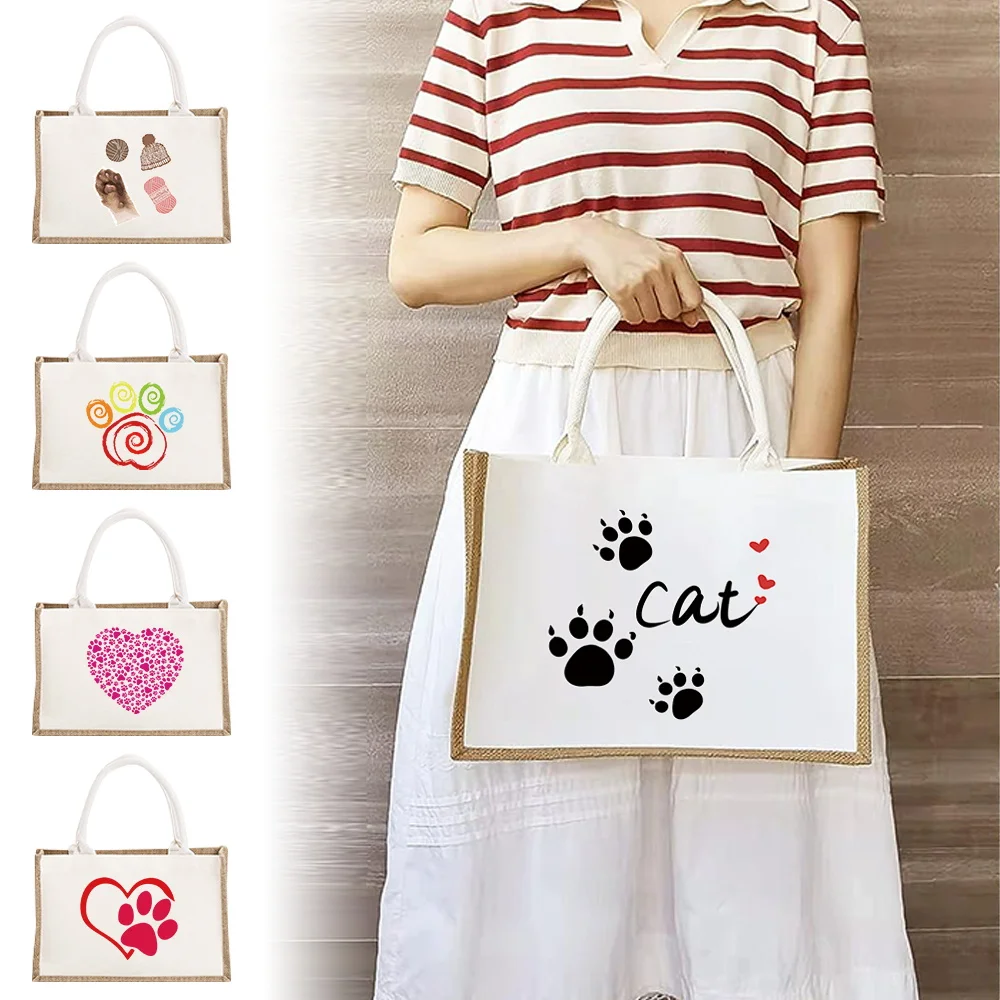 Footprints Print Burlap Tote Bags Personalized Bridal Party Gifts Sundries Storage Bag Canvas Jute Tote Shopper Supermarket Bag