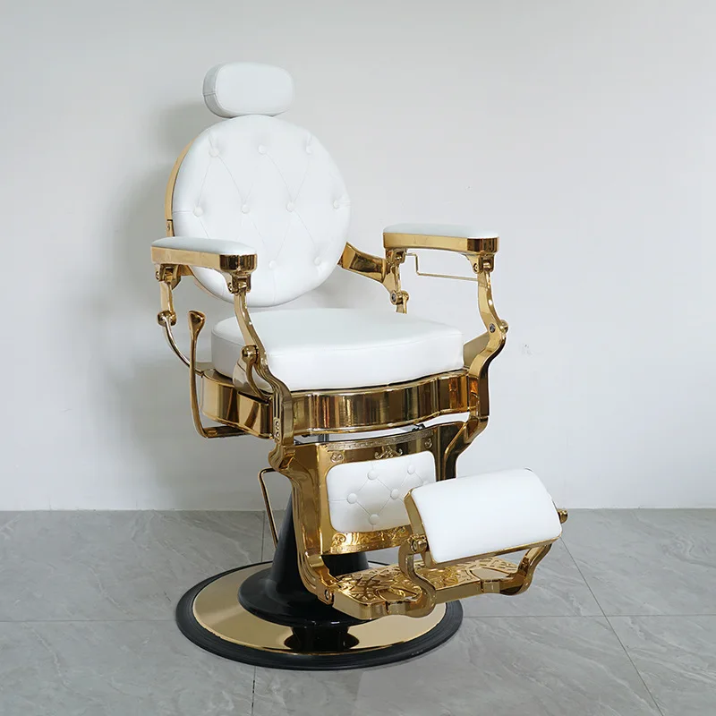 Golden retro barber chair, reclining, for men's haircuts, barber shop use, for shaving and beard trimming