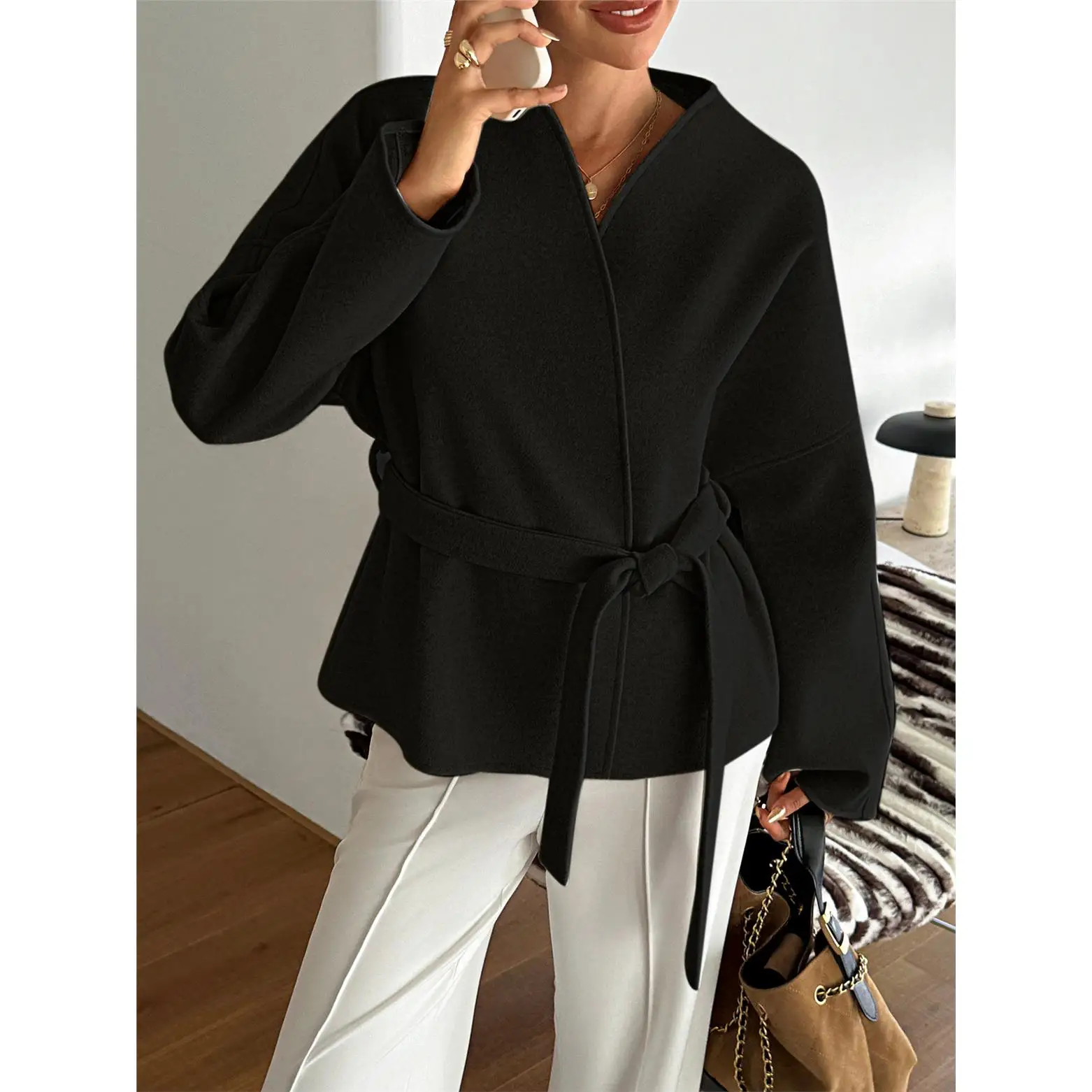 Holiday Tie Long Sweater Suit Jacket Women's Clothing Loose Fit Polyester Fiber Banded Pure Color No Button Long Sleeve Coat