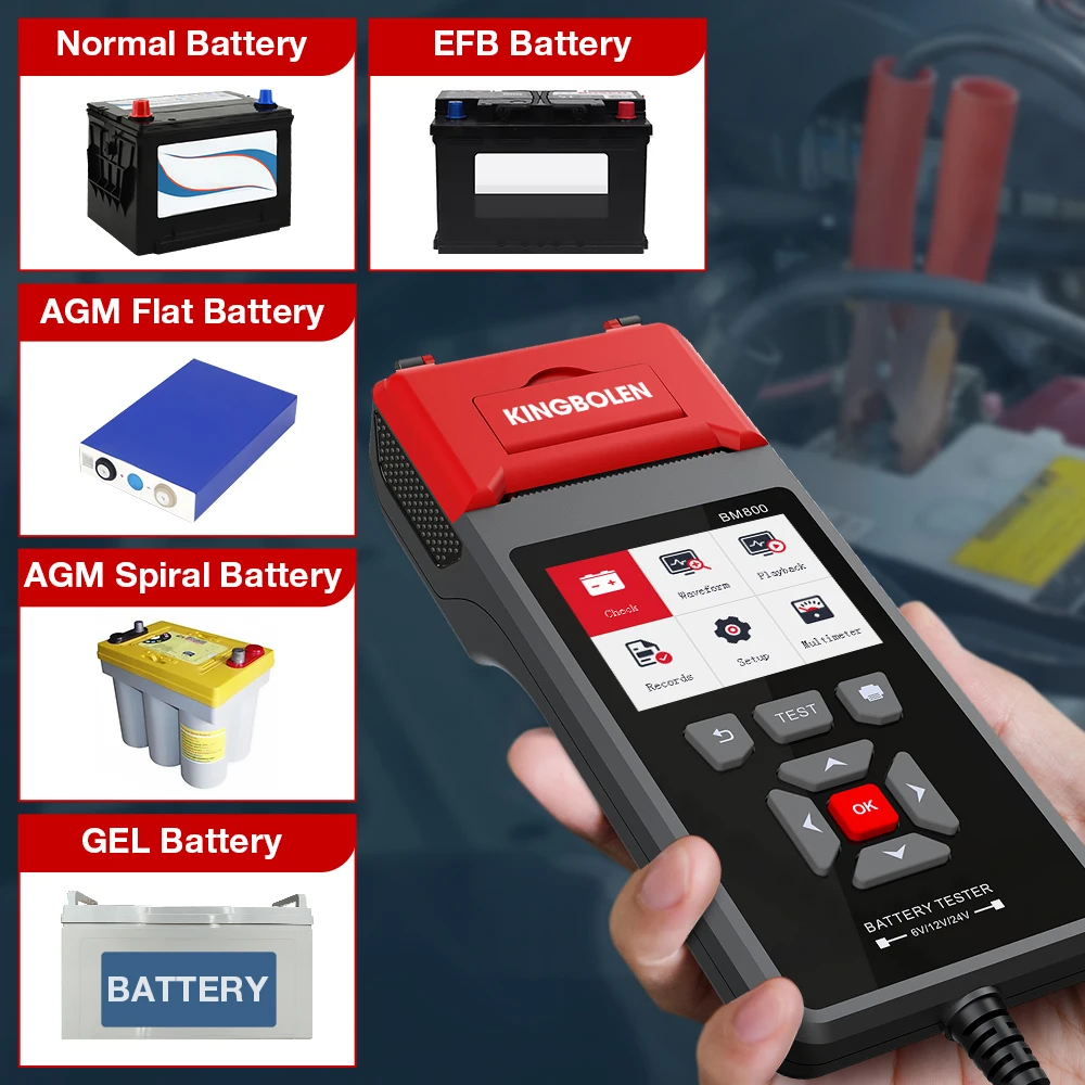 KINGBOLEN BM800 Car Battery Tester with Print Function 6V 12V 24V Battery Analyzer Cranking Test Charging 100-2000 CCA Tool