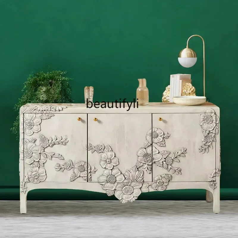 

l French solid wood porch cabinet American retro style living room three-door dining side cabinet, old foyer decorative cabinet