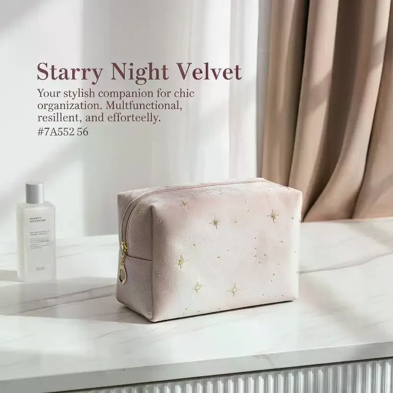 Cosmetic Pouch Spacious Velvet Cosmetic Bag Travel Toiletry Organizer With Star Pattern Portable Makeup Case For Lipstick