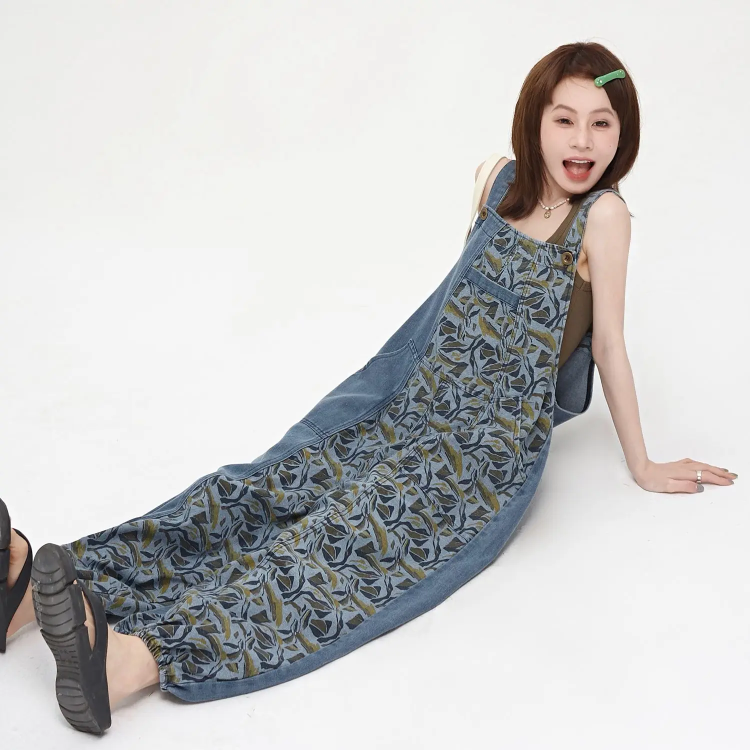 Retro Patchwork Printed Camisole Jumpsuit Women'S Spring And Autumn Loose Casual Lazy Style Wide Leg Lantern Jumpsuit