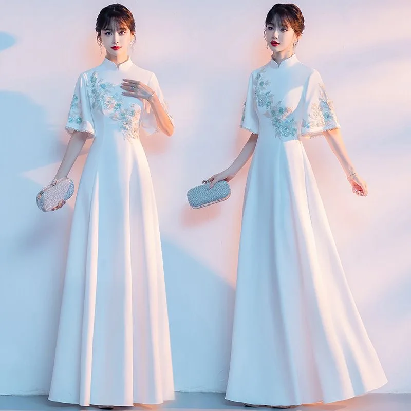 

Женский Ретро Цветочная Вышивка Aodai Элегантный Восточный Банкет Cheongsam Сценическое Выступление Танцевальный Вьетнамский Костюм