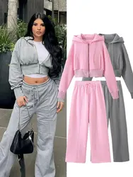 HH Women Hoodie Pant Sets Fashion Zipper Pocket Long Sleeve Casual Jacket Coat Woman Loose Elastic Waist Drawstring Trousers