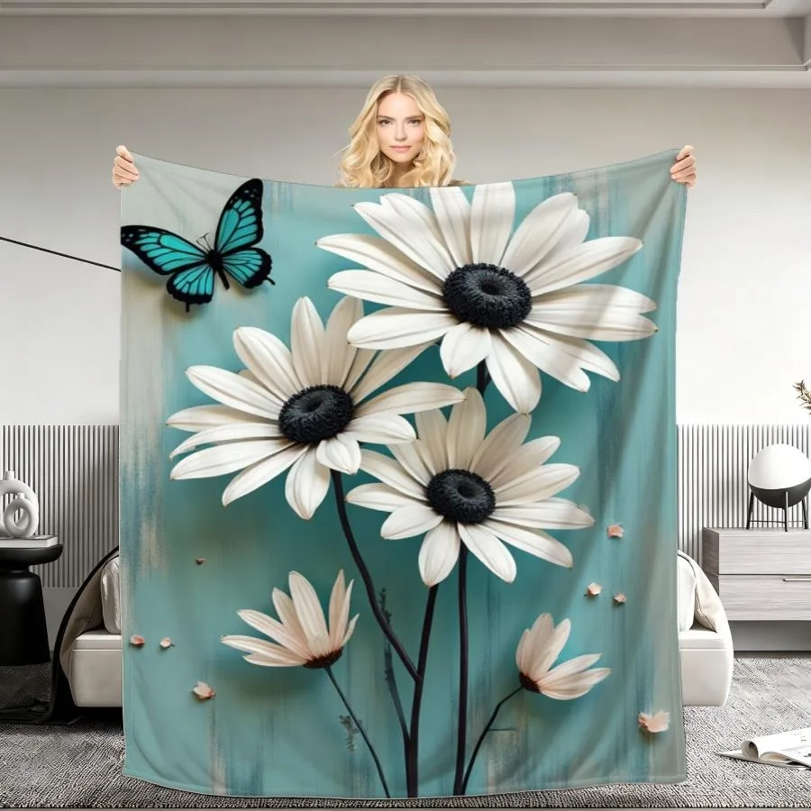 Künstlerische Gänseblümchen-Schmetterlings-Decke mit Retro-Weißblumen-Hintergrunddruck, Weiche Kuscheldecke für Wohnzimmer, Schlafzimmer und Lounge