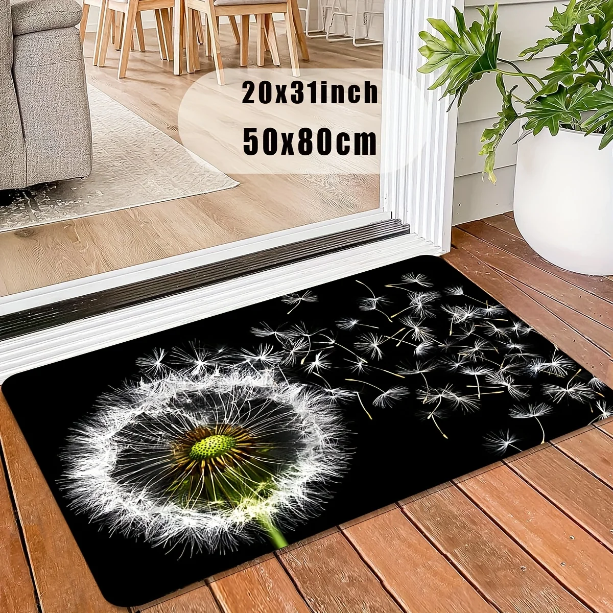 Dandelion Doormat - Black Floral Entry Rug, Wind Blown Seeds Floor Mat, Nature Decor, Non-Slip, Multiple Sizes