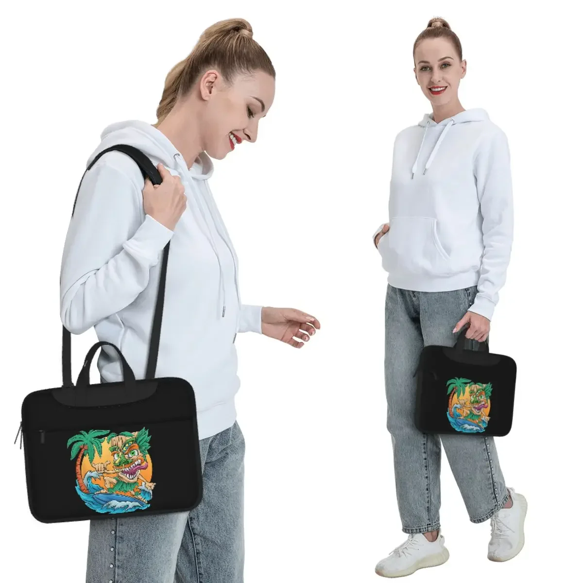 Tiki Man Surfing Surfer Beach Waves Palm Trees Tropical Crossbody Laptop Bag Case Computer Bag 13 14 15.6 Inch Notebook Pouch