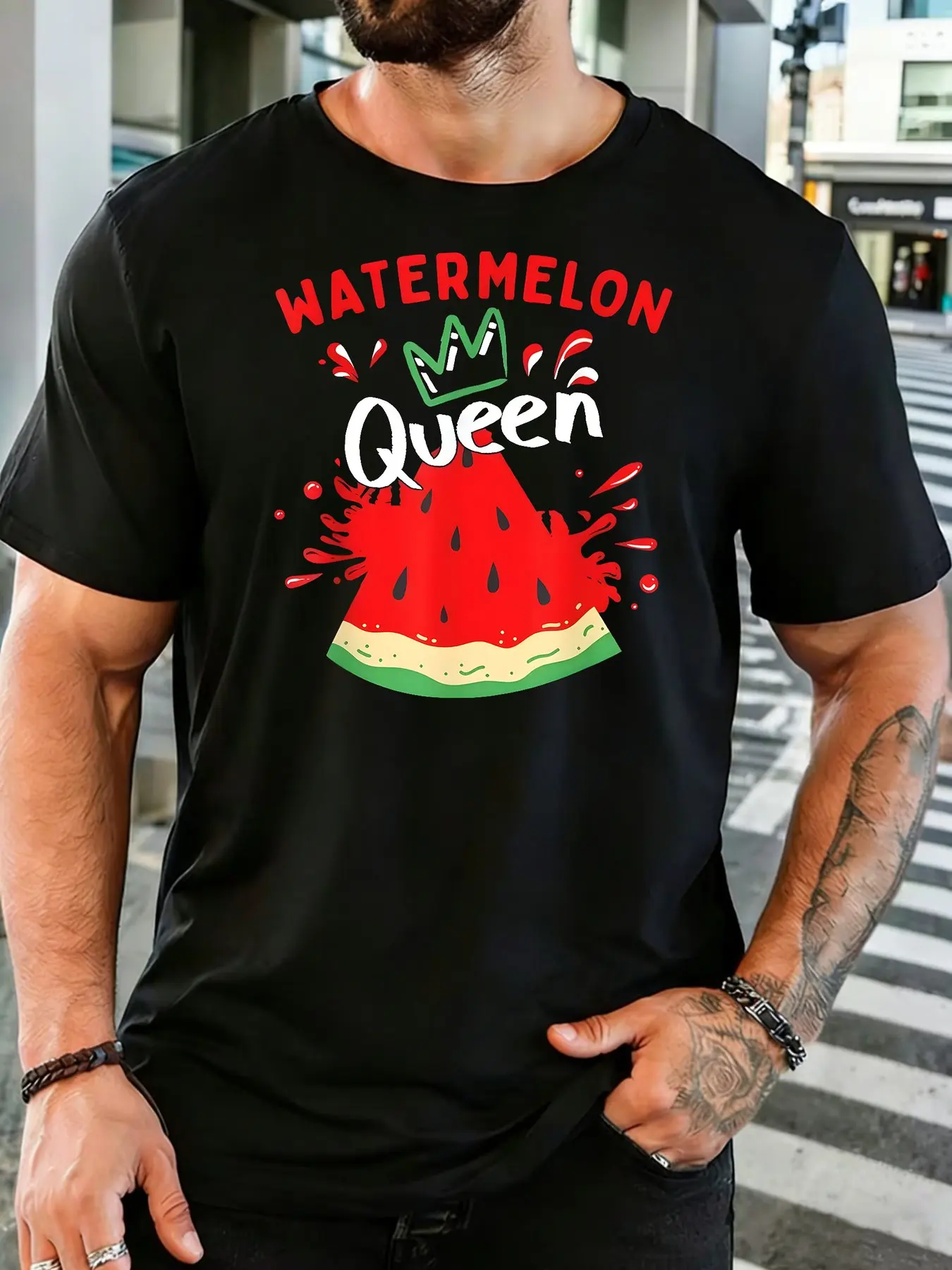 Male Army Green Round Neck T Shirt Watermelon Queen Slogan Fresh Red Watermelon Slice Juice Splash Summer Casual Daily otton Tee