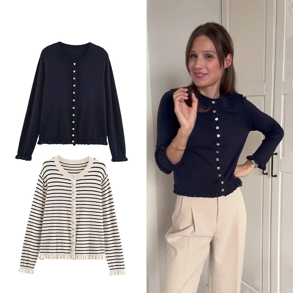 

Модный вязаный кардиган для женщин, новинка 2023 года, осень с рюшами и пуговицами, трикотажные изделия, удобный полосатый кардиган с круглым вырезом и длинными рукавами, топ