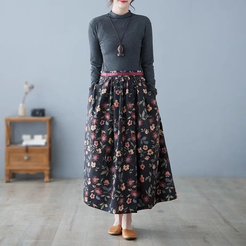 

2023 Autumn Vintage Print Skirt Women Elastic High Waist Slim A-Line Long Skirt Mujer Faldas Z2801