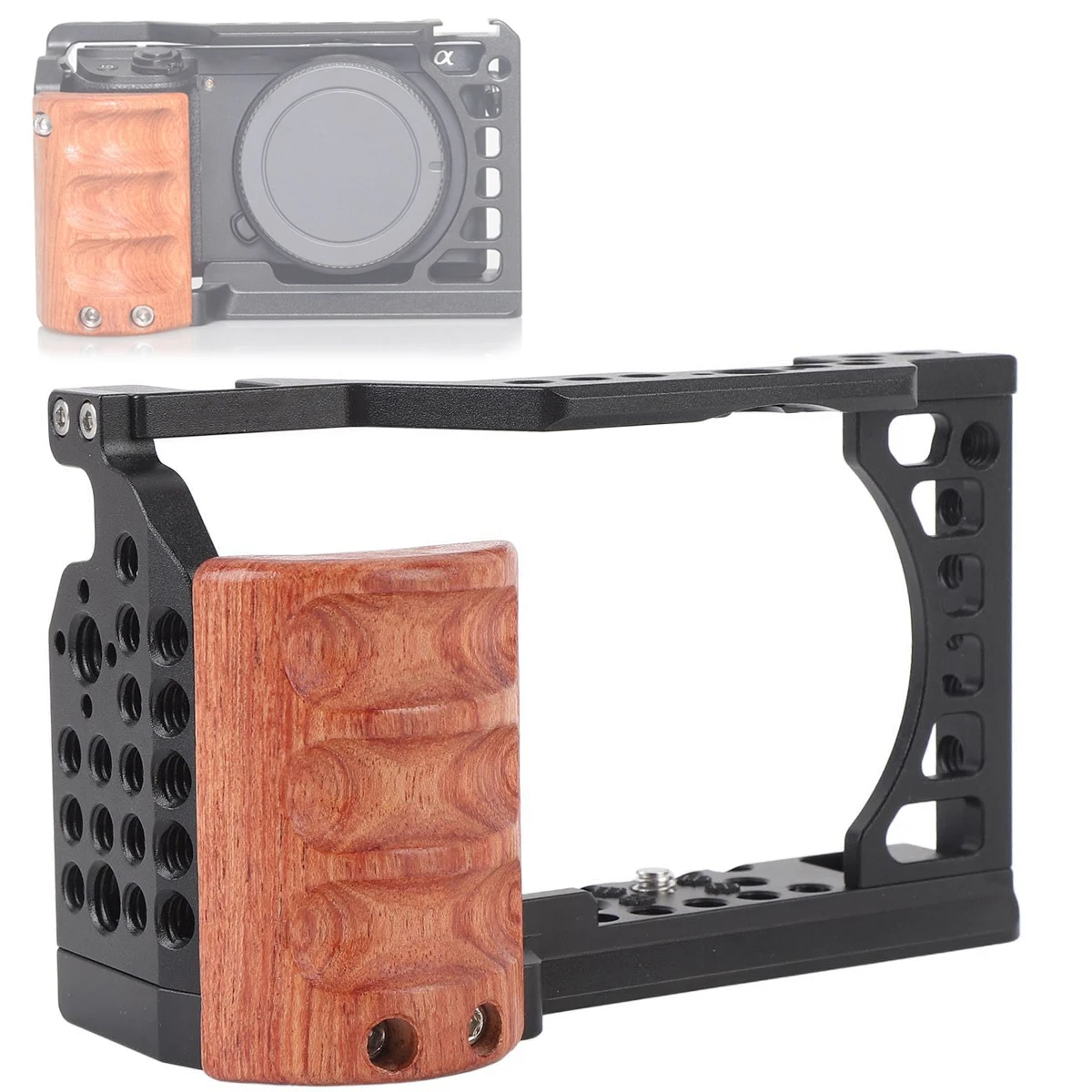 

Клетка для камеры с деревянной рукояткой для Sony Alpha A6400 A6300 A6000 A6100 с холодным креплением, для фото- и видеосъемки, видеоблогинга