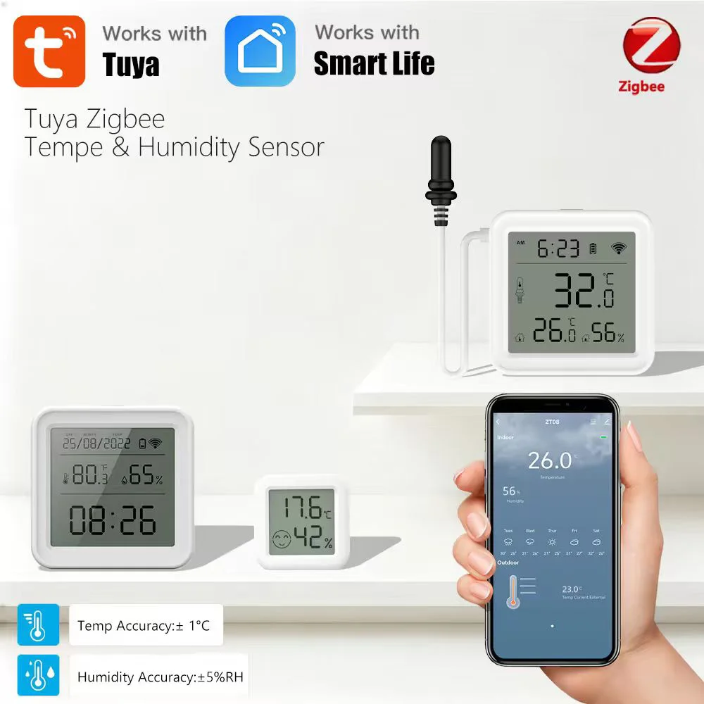 2026 New Tuya Zigbee Humidity Temperature Sensor with External Probe Thermometer for Smart Home APP Monitoring for Refrigerator