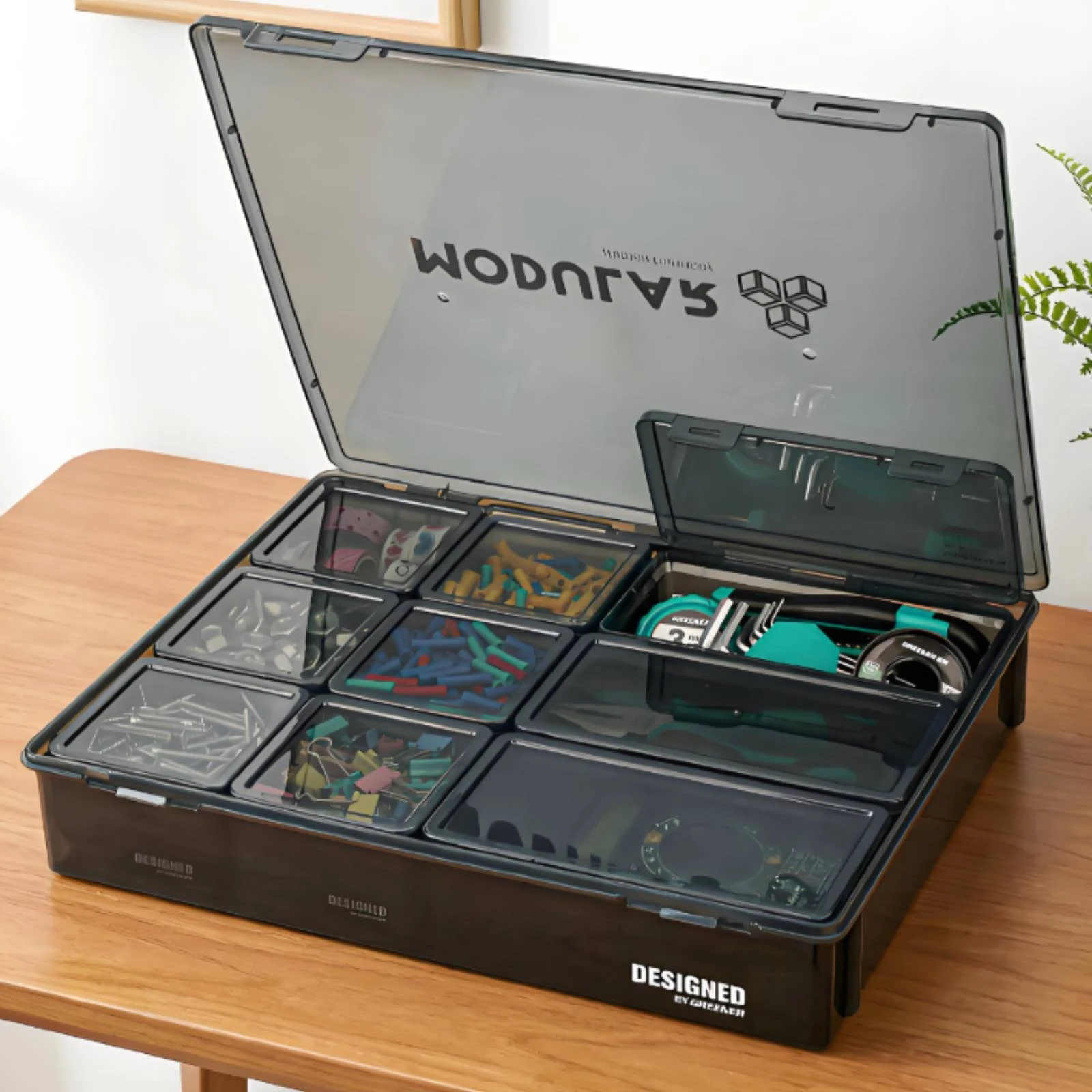 Modular Storage Box Transparent Smoky Lid Small Parts Organizer Plastic Storage Tray Front Latches Small Parts Organizer Black