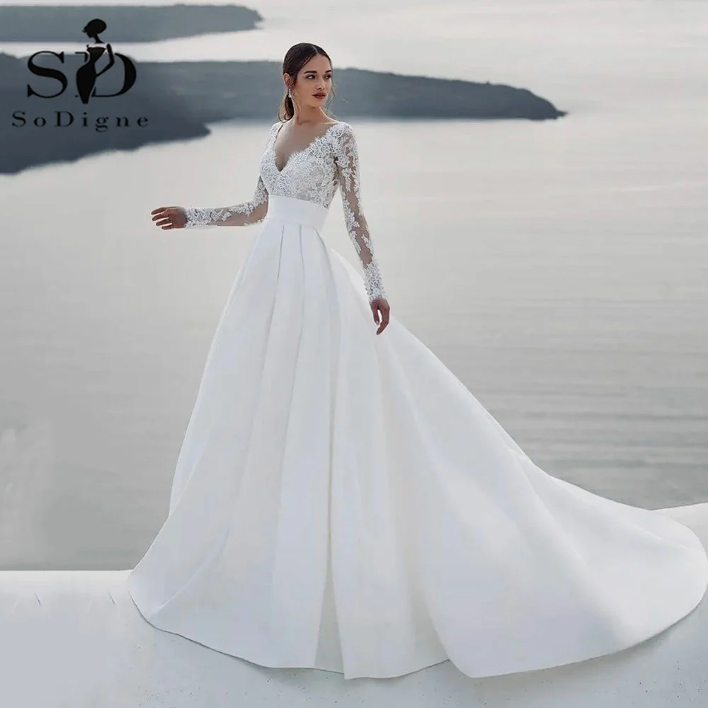 

SoDigne Elegant Summer Satin Wedding Dresses Lace V Neck Bride Gown Long Sleeves A Line Wedding Gown Vestido de novia 2022