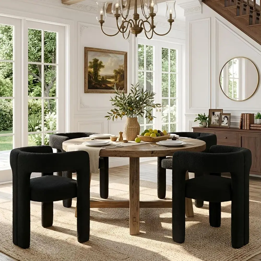 

Set of 4 Black Boucle Upholstered Dining Chairs with Solid Wood Legs, Open Back Design, Suitable for Kitchen, Living Room, and B