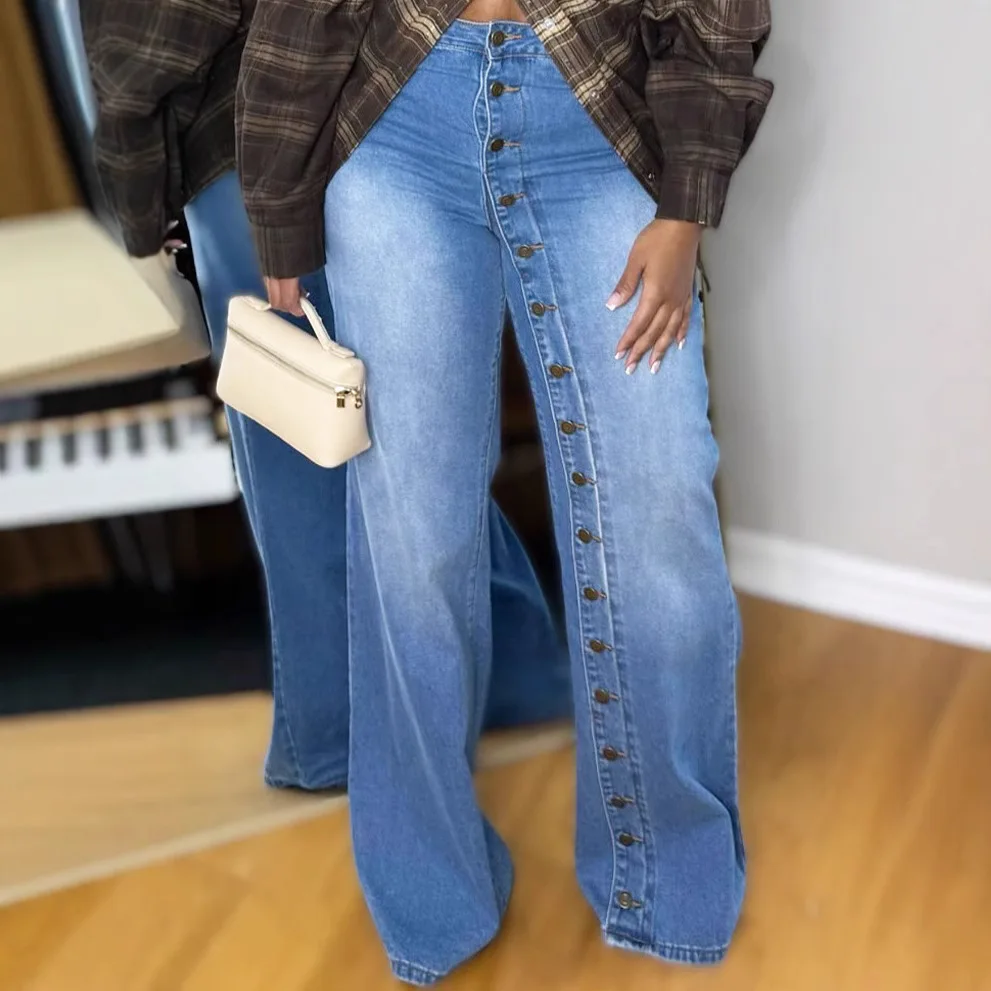 Multi Button Women's Jeans Wide Leg High Waist Blue Denim Trousers Casual Elegant Streetwear Fashion Jeans 2025