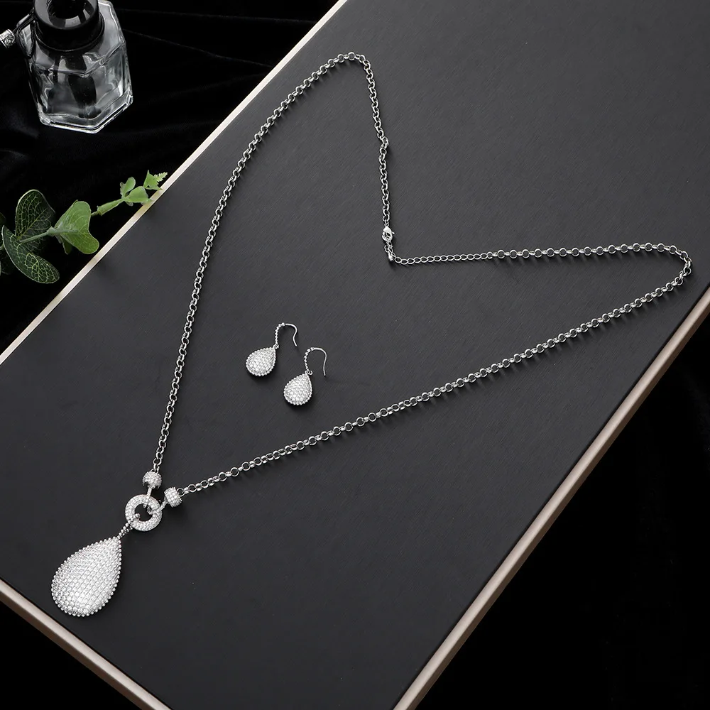 Classic water drop pendant Jewelry Sets for Women Luxury shiny Necklace Earrings ring bangle Wedding Dress Bridal Jewelry 4PCS