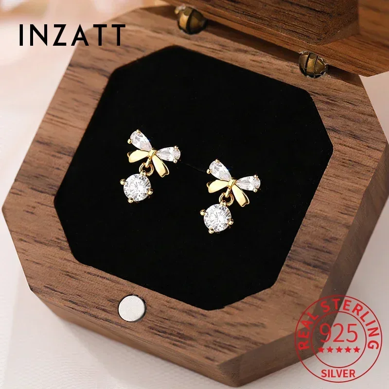 INZATT Real 925 فضة صغيرة Bowknot الزركون وأقراط للنساء الحد الأدنى هندسية غرامة مجوهرات اكسسوارات