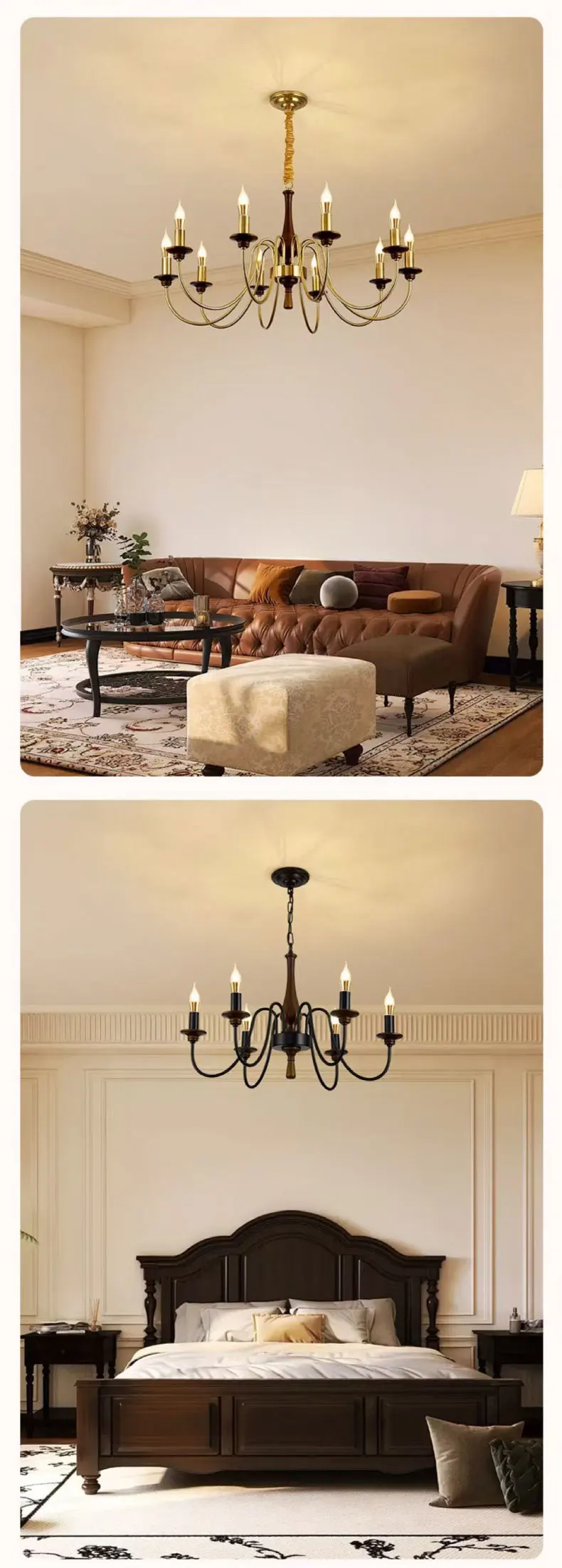American Retro Candle Chandelier Living Room Solid Wood Iorn