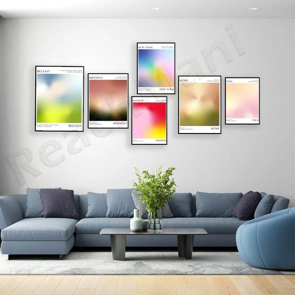 Belfast Northern Ireland, New York USA, Paris France, Rome Italy, Budapest Hungary, Madrid Spain travel gradient abstract poster