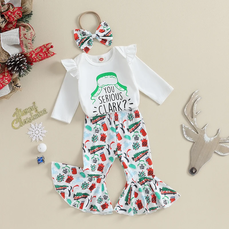 

Newborn Baby Girl Christmas Outfit Ruffled Long Sleeve Romper Flared Pants and Headband 3Pcs Fall Clothes