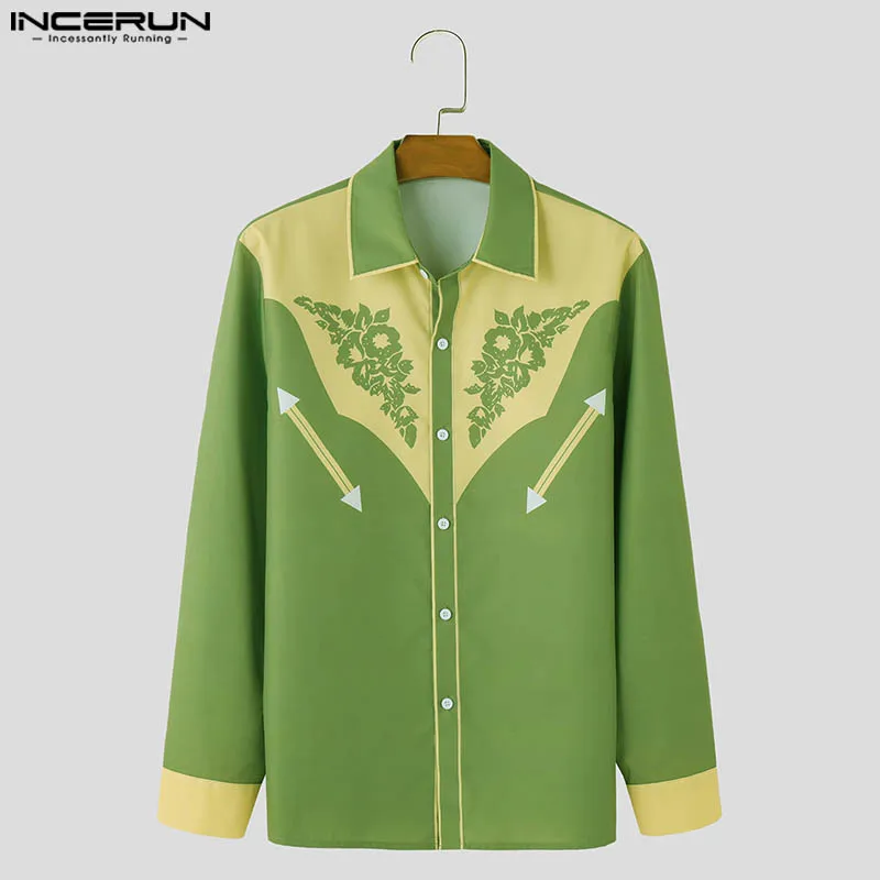 INCERUN Tops 2024 Fashion Men\'s Patchwork Color Contrast Printed Shirts Casual Personality Male Lapel Long Sleeved Blouse S-5XL