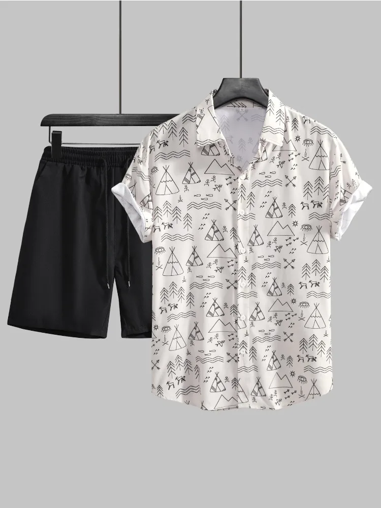 

Geometric Figure Pattern Shirt And Short 2 Piece Outfits Sets Short Sleeves Daily Casual Stylish Collar Comfortable For Summer