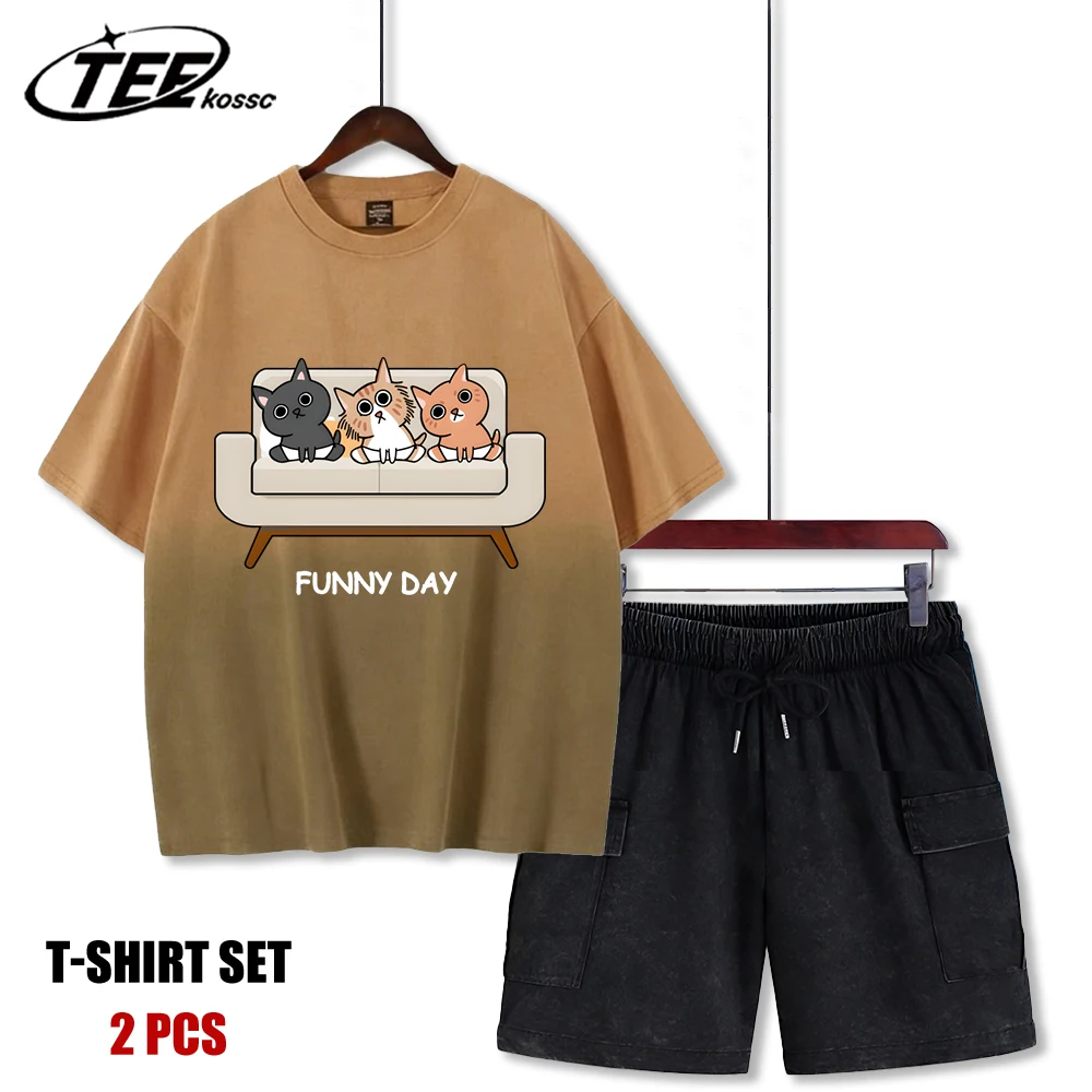 

Футболка унисекс в стиле ретро с забавным котом, хлопковые шорты свободного кроя, летняя креативная одежда с эффектом тай-дай
