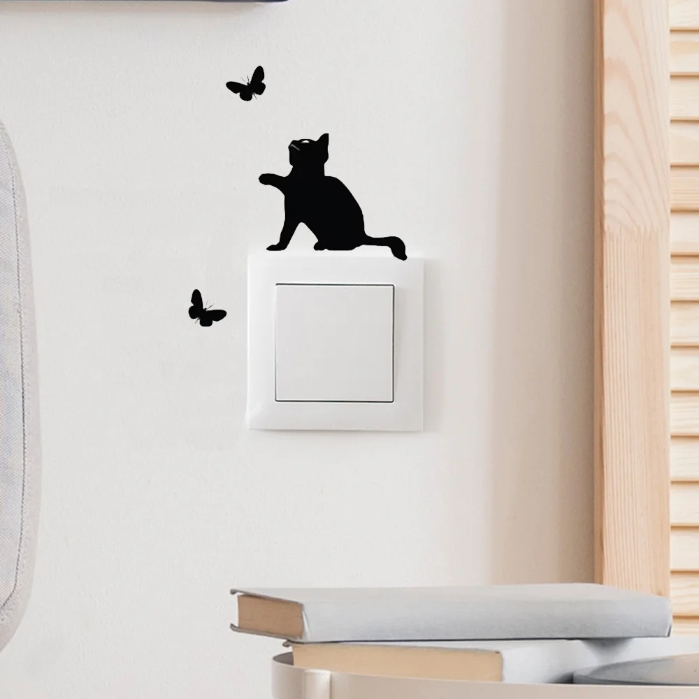 Cute Cat And Butterfly Interesting Switch Sticker Vinyl Switch Decoration Home Decor Decals Waterproof Removable Wall Stickers