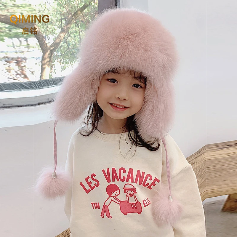 Fox Fur Hat Boy Girl Cap Winter Ear Protection Warm Children Leather Bomber Hats Fur Hat Winter Real Raccoon Fluffy Russian Hat