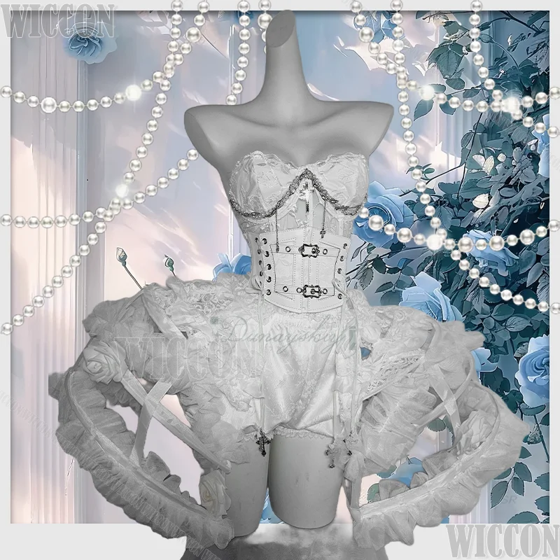 

Оригинальный готический белый корсет с рыбьей косточкой, бандажные пояса, оболочка с жемчугом и бисером, птичья клетка, кринолин, кожаный ремешок, Comic Con, ролевая игра