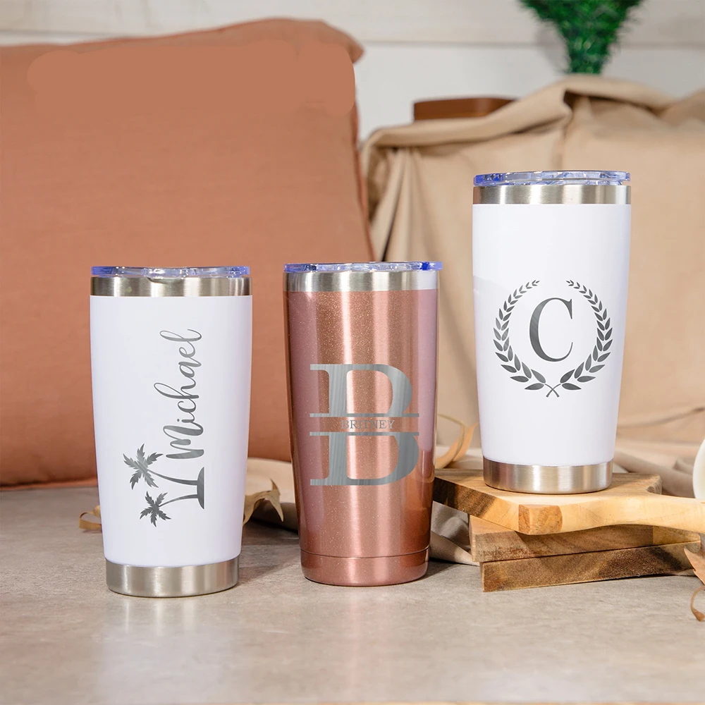 Custom Monogram Name 20oz Stainless Steel Tumbler Palm Leaf Wreath Engraved Style Insulated Travel Cup Birthday Wedding Gift.