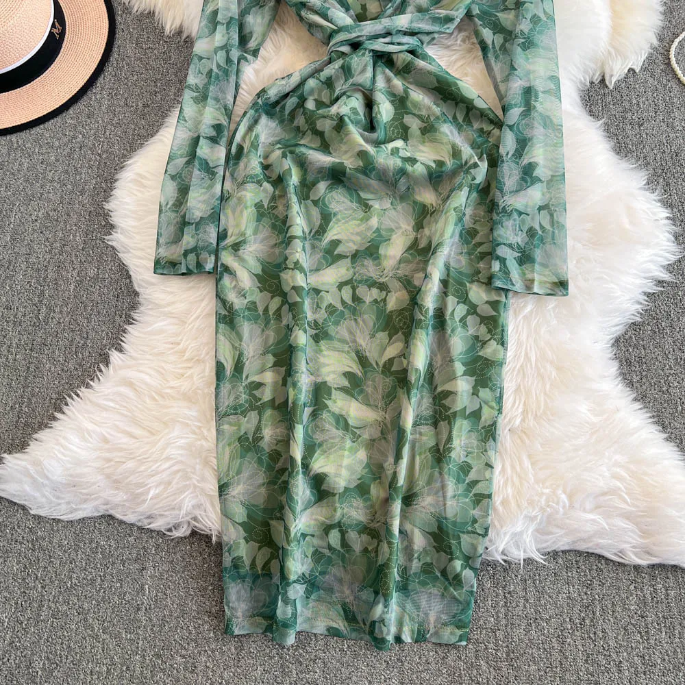 Vrouwen Mid Lengte Jurk Jurken Slanke Bodycon Vestidos Streetwear V-hals Volledige Mouw Elegante Splice Y2k Werk Schede Party Night