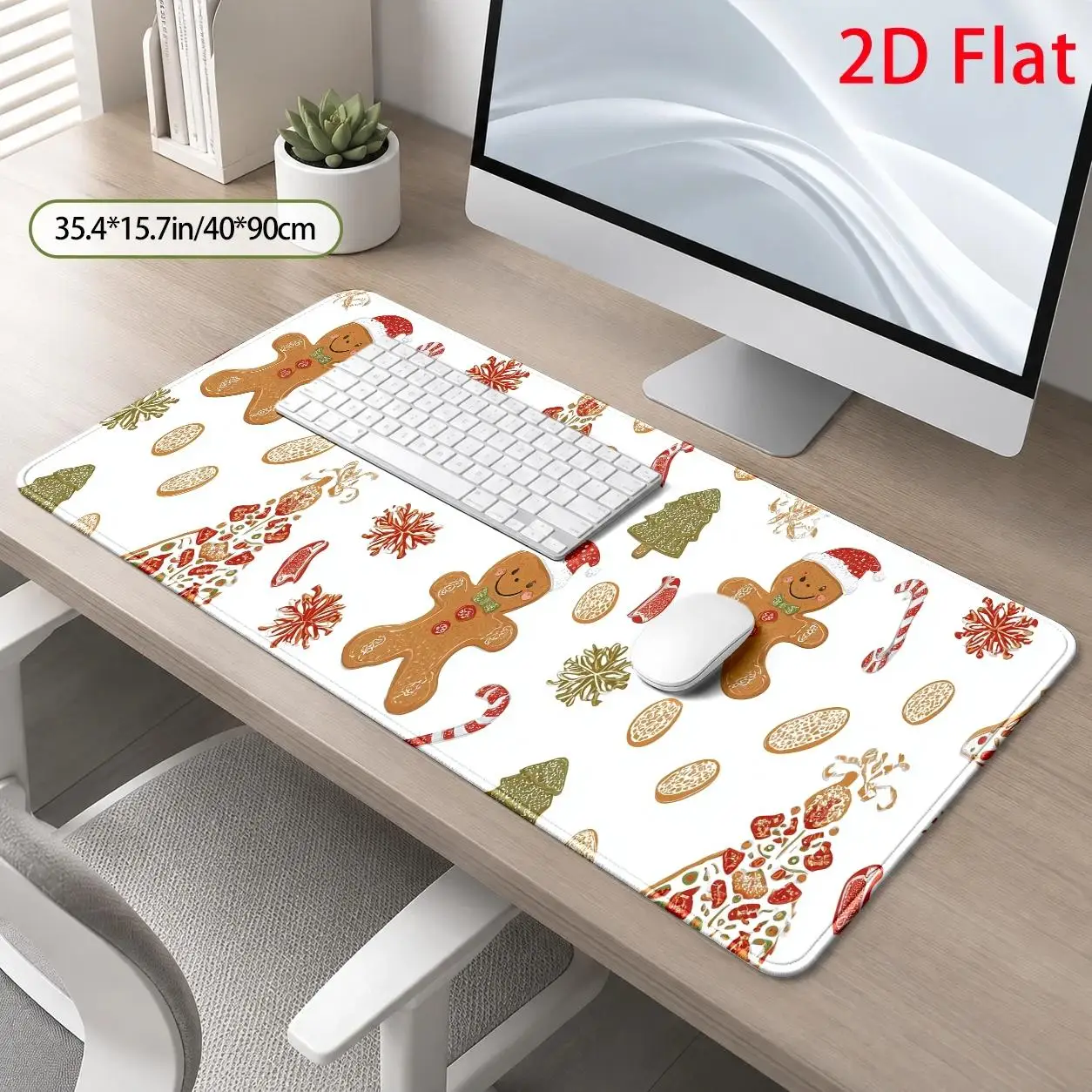 2D Flat, Christmas Gingerbread Man Large Mouse Pad, Gingerbread Cookie Pattern, Festive Hand-Drawn Design, Holiday Season Decor, Stain-Resistant, Comfortable