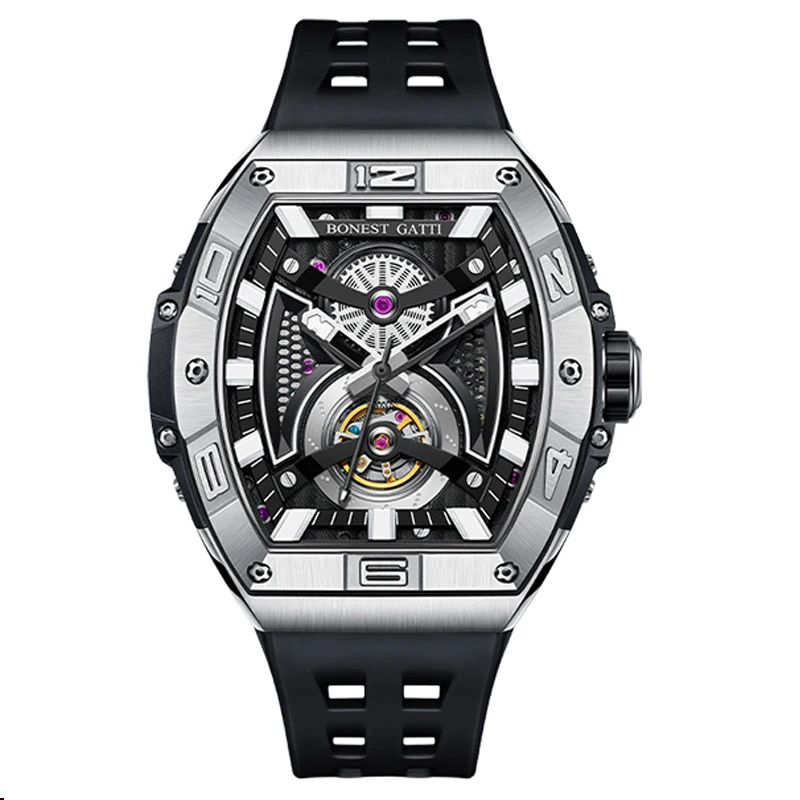 BONEST GATTI Men Automatic Watch Luxury Tonneau Mechanical Wristwatch Fashion Waterproof Sapphire Luminous Fluororubber Strap