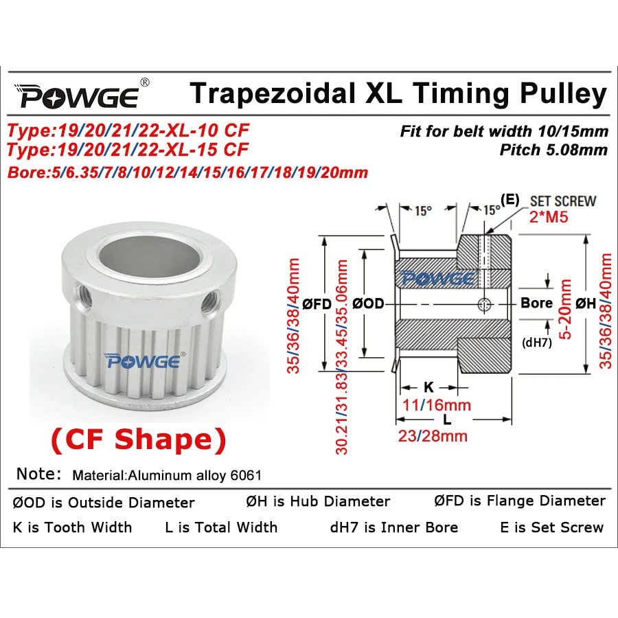 POWGE 19 20 21 22 Zähne XL Zahnriemenscheibe Bohrung 5/6/6,35/7/8/10/12/14/15/16/17/18/19/20 mm für Riemenbreite 10/15 mm 19T 20T 21T 22T