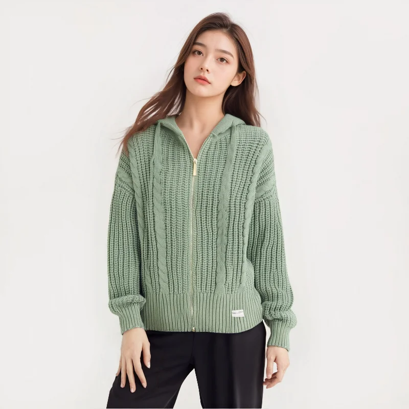 

Winter Hooded Sweaters Women Cardigans Pink New Sweet Girls Simple All-match Green Knitwear Orange Jumpers Zipper Long Sleeves