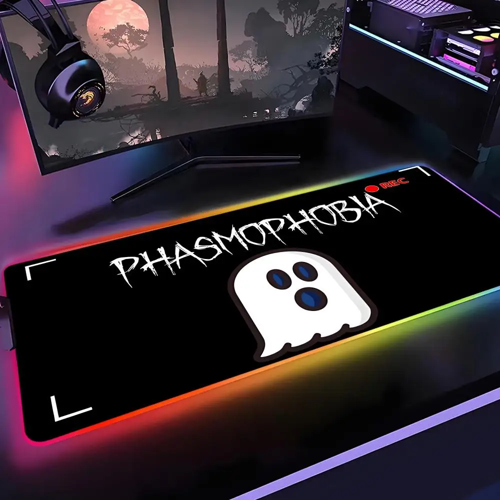 

Коврик для мыши Phasmophobia, игровой RGB-коврик для стола, светодиодный коврик для мыши с подсветкой, игровые аксессуары, большой коврик для мыши с подсветкой
