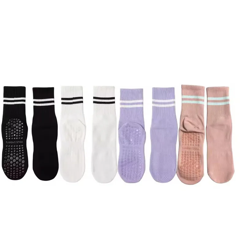 4 Pairs of Mid Tube Double Bar Striped Yoga Socks Anti Slip Dance Sports Breathable Socks Fitness Pilates Cotton Socks