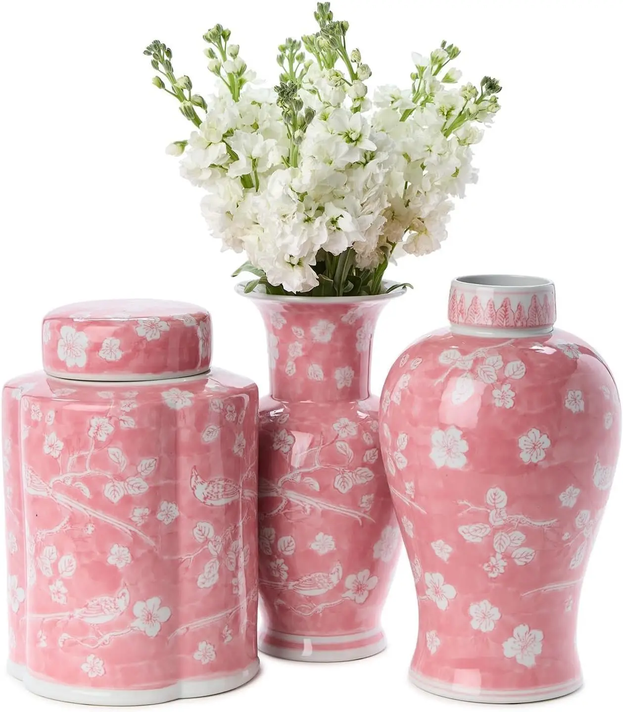 Hand-Painted Pink Chinoiserie Vases, 12.5-Inch, Ceramic, Set of 3