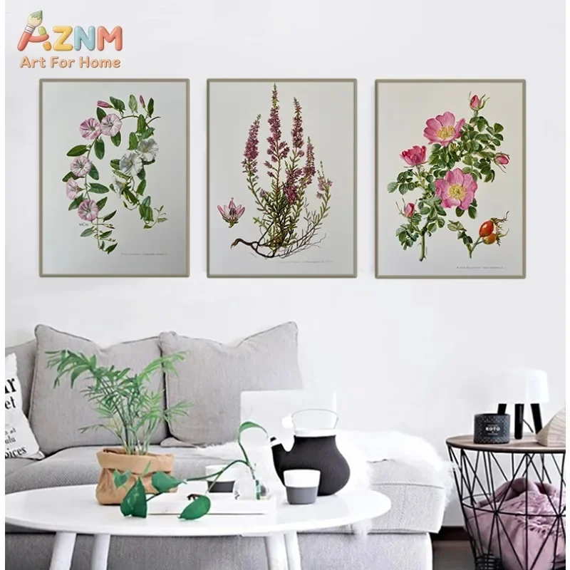 AZNM Vintage Botanical Canvas Wall Art Wild Rose Flower Plant Antique Illustration Art Print Frameless Canvas Painting Home Deco