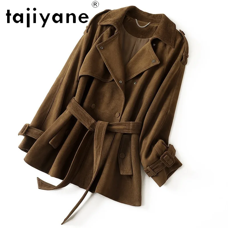TAJIYANE Genuine Leather Jacket Women Belted Double Breasted Mid-length Trench Coat Top Layer Goatskin Suede Outerwear Jaqueta