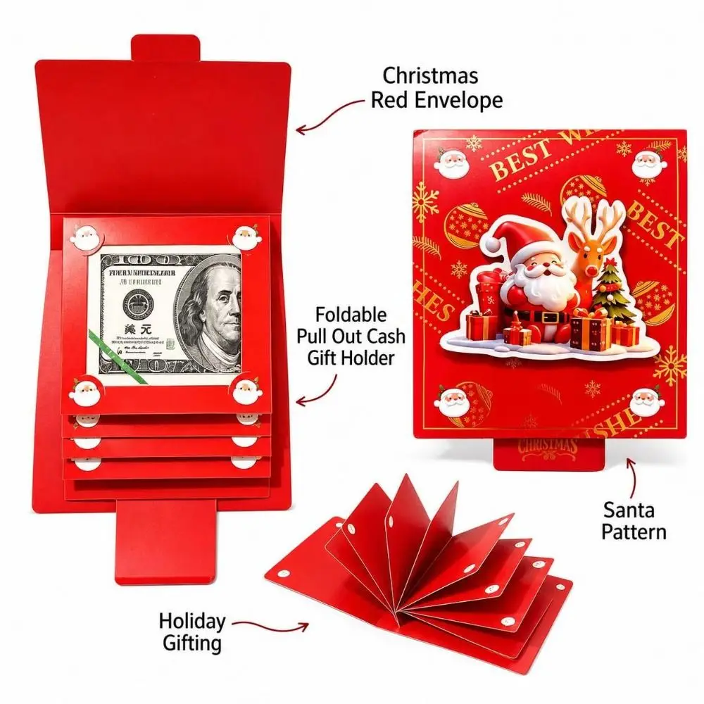 Gifts Foldable Christmas Red Envelope Paper Pull Out Cash Gift Holders Santa Pattern Pull Out Envelopes Party Favors
