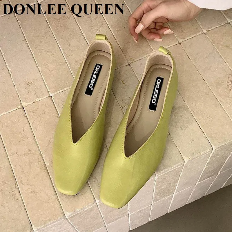 New Spring Flats Shoes Women Wooden Low Heel Ballet Square Toe Shallow Brand Shoe Slip On Loafer Soft Ballerina zapatos de mujer