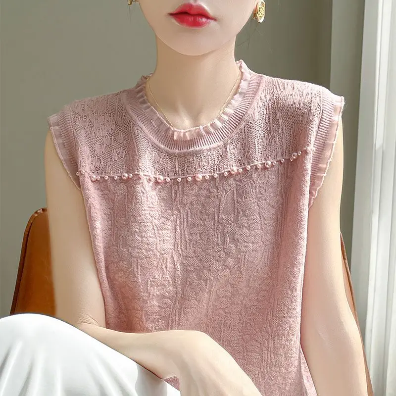 Loose Round Neck Lace Edge Beaded Ice Silk Suspender Vest for Women's Summer Versatile Large-size Thread Base Top