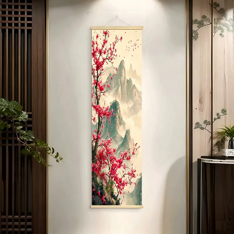 wall decor Misty Mountain Waterfall Scrolls Red Blossom Chinese Landscape Art on Pearlescent Canvas for Boutique Resort Decor