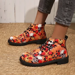 Stivali corti stampati con testa di teschio donna 2024 autunno inverno nuovo Halloween tendenza personalizzata stivali da lavoro stampati in 3D scarpe Casual