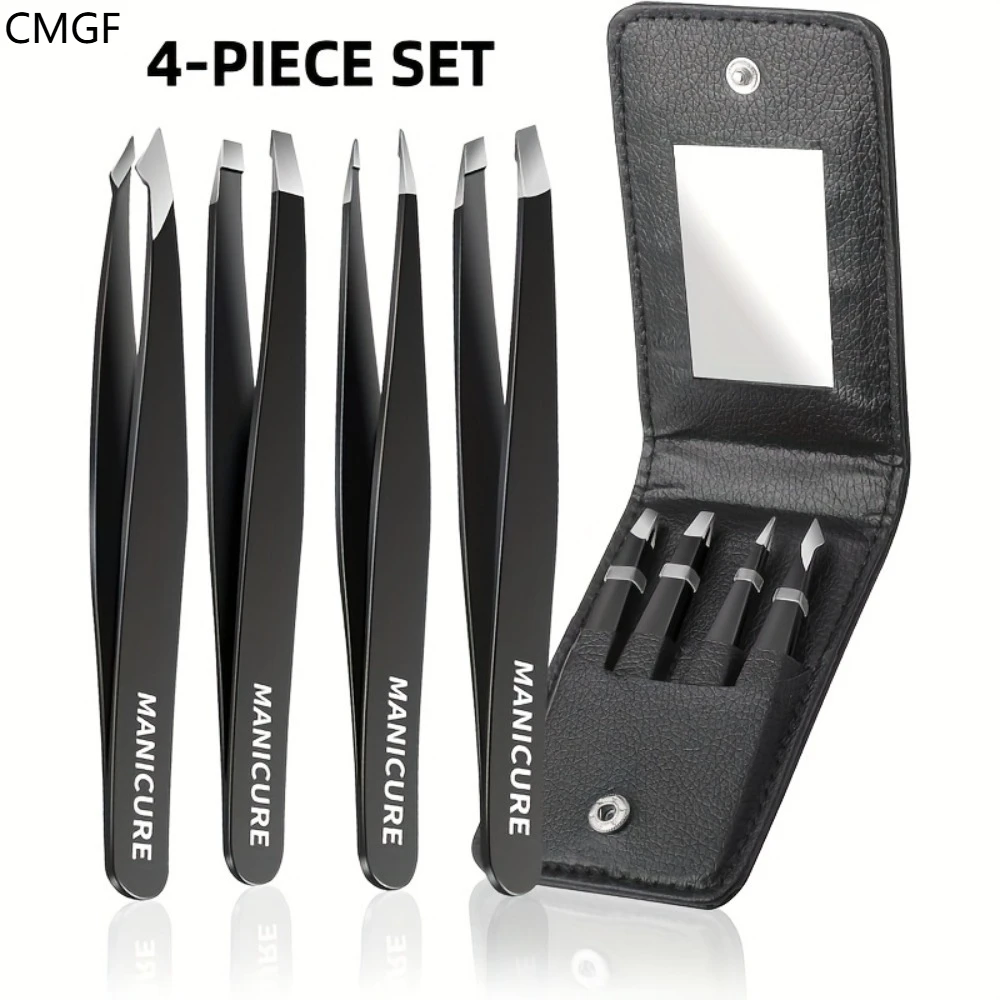 CMGF 4Pcs Premium Stainless Steel Eyebrow Tweezers Set with Mirror Precision Sharp Flat/oblique/pointed Tweezers