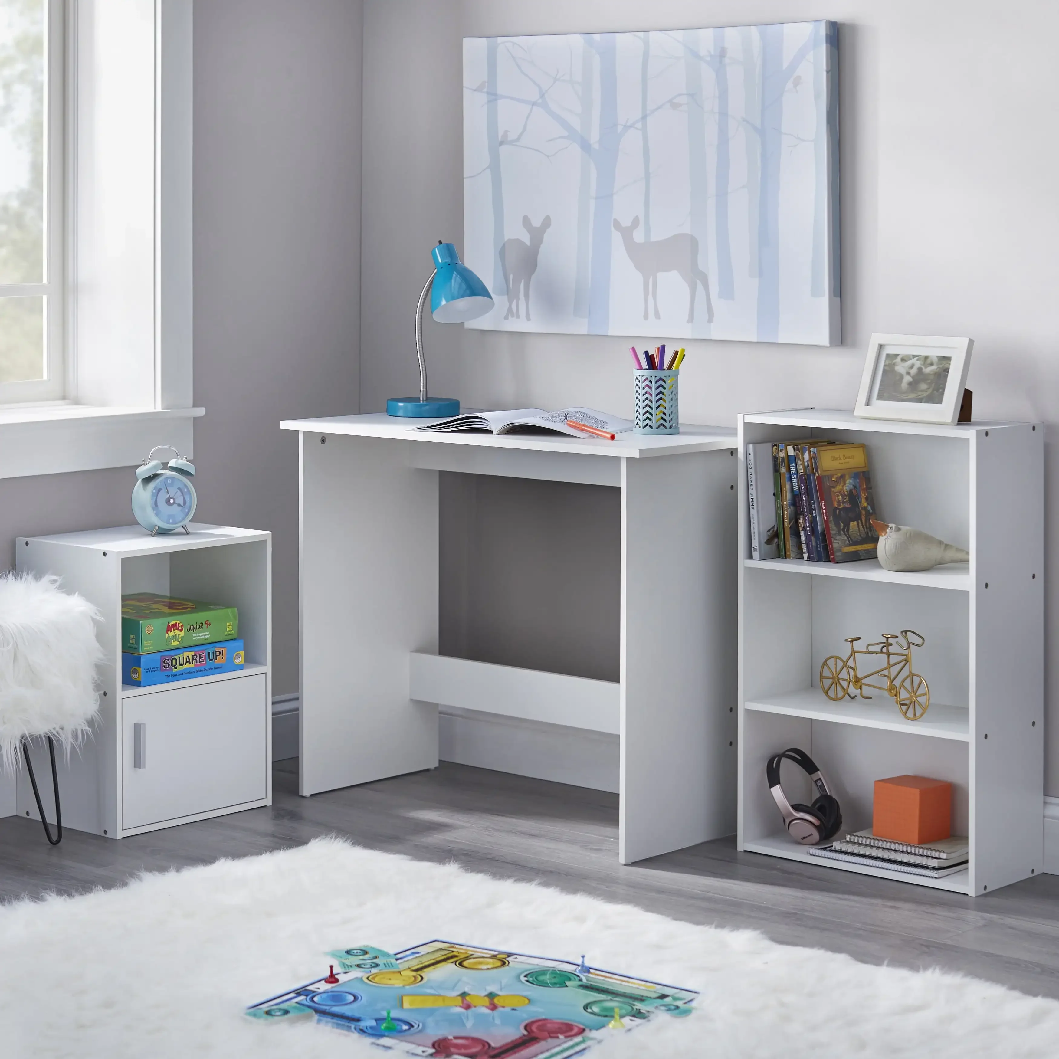 Soho 3 Piece Office Collection with Desk, Bookcase and Storage Cube, White Finish